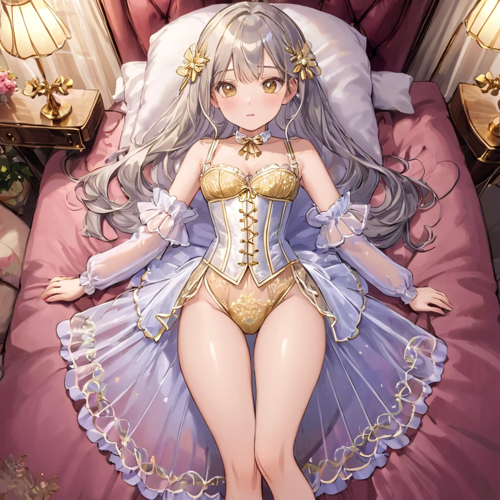 , 1people、Pajamas、Gold and silver thread embroidery、Translucent underwear that reaches below the knee(Bloomers)wear、wear a semi-transparent corset、Translucent slip