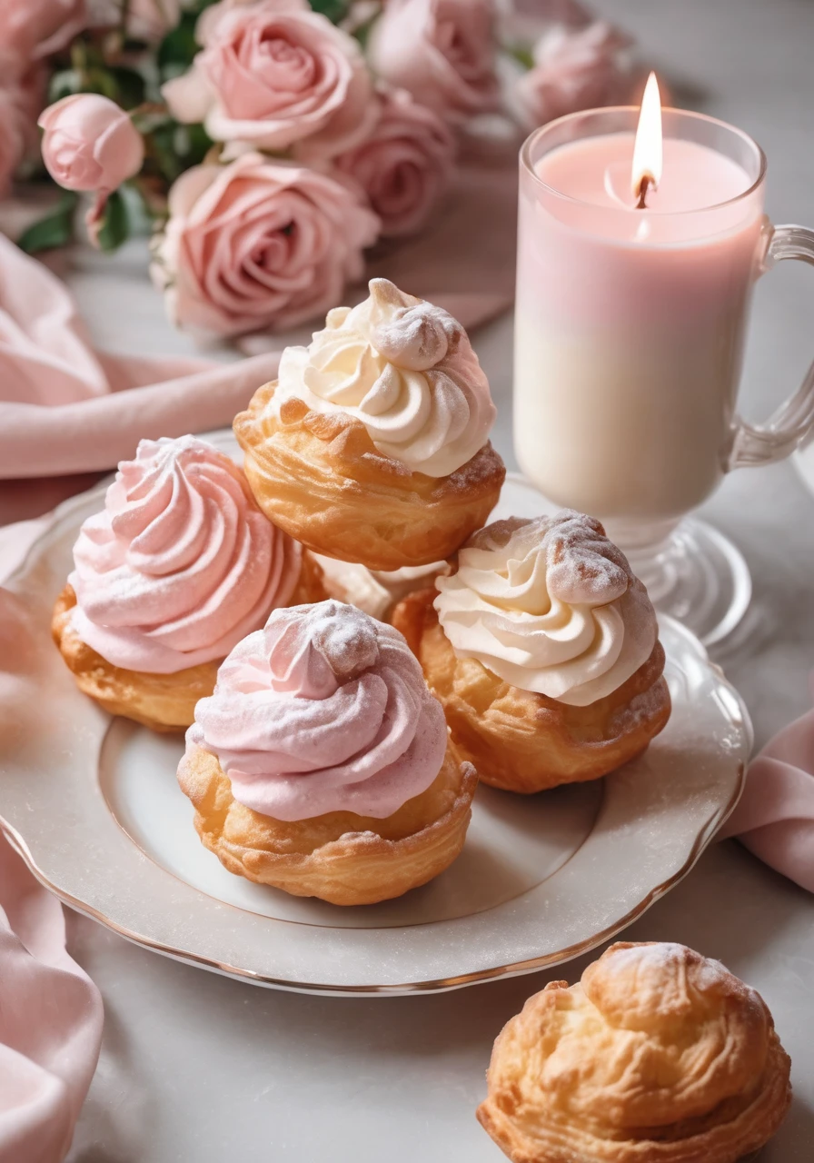 high quality,Official Art,sweets,Swan cream puffs,Instagram style,On the table,Fashionable Cafe,Latte Art,Candles,pale pink,Grayish pale pink,Sense of luxury,Postcard style,Shabby chic,Transparency,