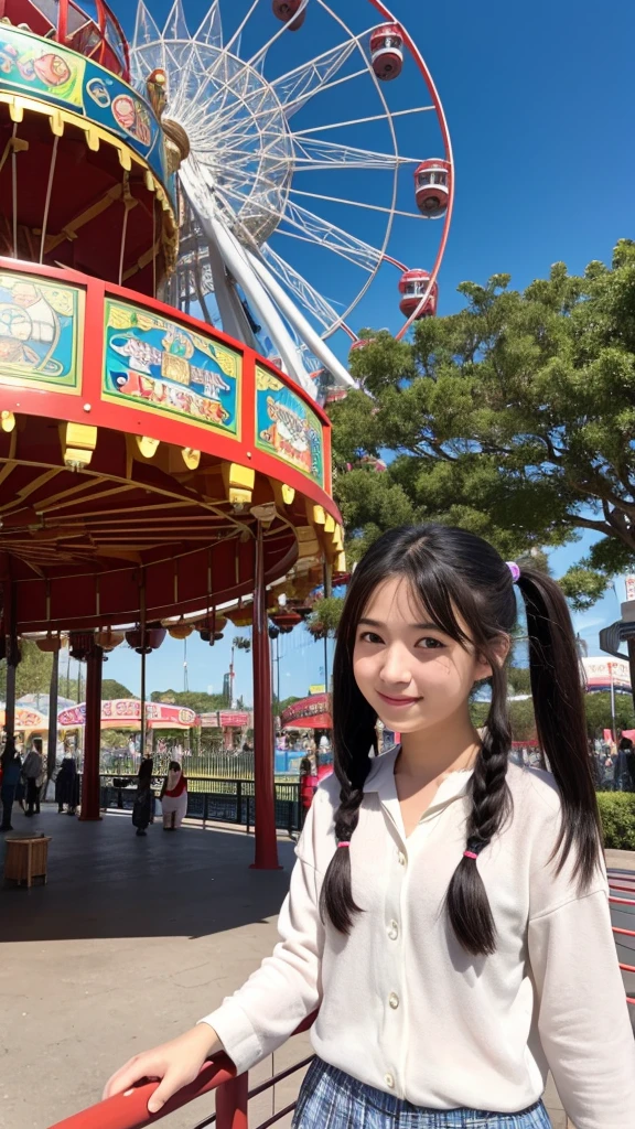 A little girl in a sailor suit is happily smiling, holding a cute bulldog. The background features the Eiffel Tower in Paris. The image is high definition, detailed, with vibrant yet soft colors, set on a partly cloudy sunny day.