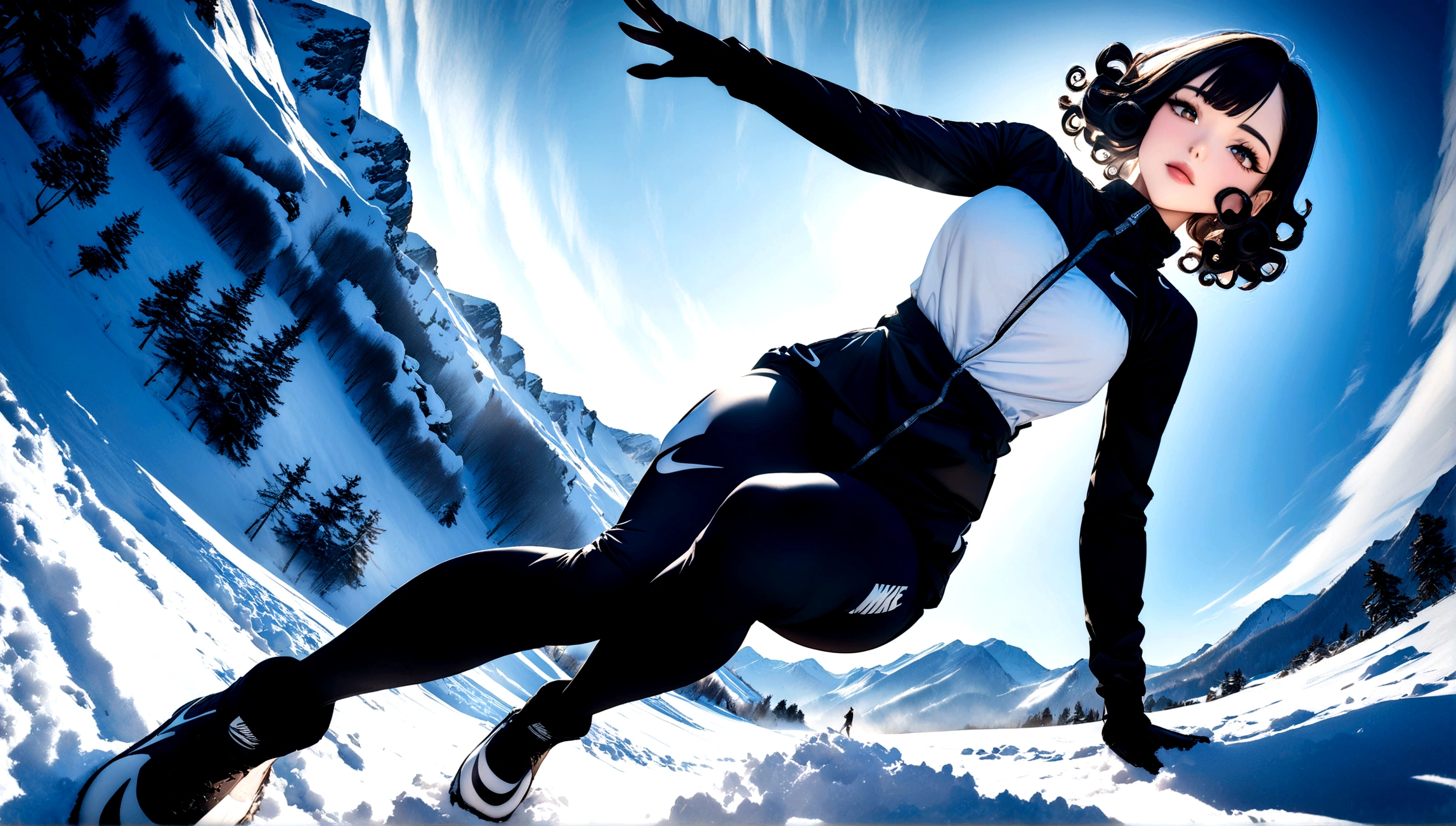 (top-quality, 8k, Masterpiece artwork: 1.3) A photo of a woman with curly black hair, in a dynamic heeled pose, wearing a Nike outfit, in a snowy ski resort during winter, taken with a wide-angle lens, detailed and highly detailed skin, bright lighting of reflected snow