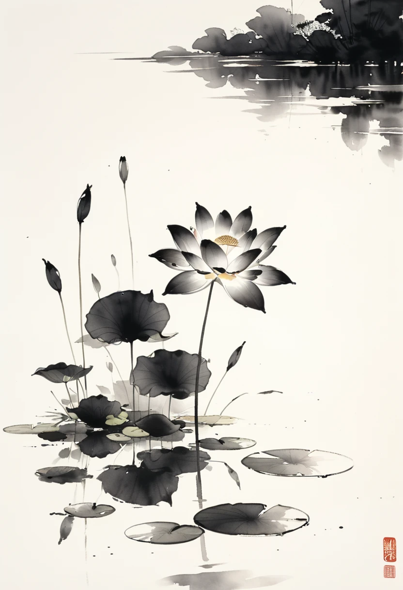 中国黑白Ink Painting,lotus, Water reflection, monochrome, Ink Painting, Artistic brushstrokes, Nature theme, Flower Arrangement, peaceful, grace, simple design, White space,