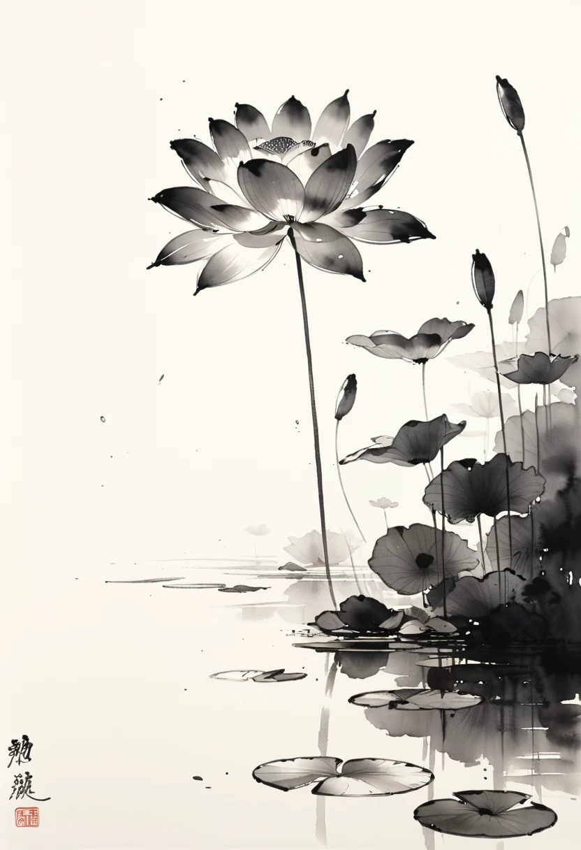 中国黑白Ink Painting,lotus, Water reflection, monochrome, Ink Painting, Artistic brushstrokes, Nature theme, Flower Arrangement, peaceful, grace, simple design, White space,