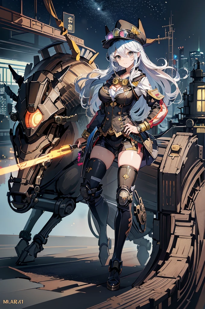 (Manga style),(Line art_anime),(Cowboy Shot, Highest quality, ),(Laura Budd Photos:1.2),(Laura Add details:1.0),8K, Flat Color:0.8,Dynamic Angle,1 Girl,smile、(Steampunk Bike Ride 1.5)、Exquisitely decorated motorcycle、(Highly decorative and complex mechanical steampunk fashion, Lace flare dolphin hat、Goggles 1.5、machinery background、Gear background、An elaborately mechanized steampunk cityscape 1.5),