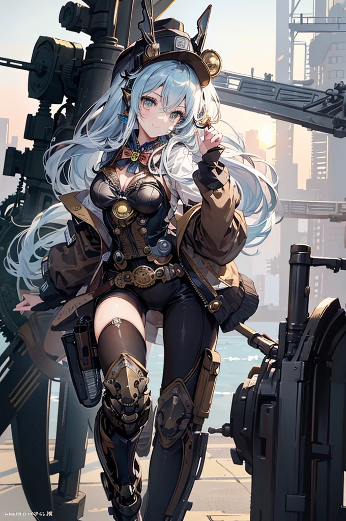 (Manga style),(Line art_anime),(Cowboy Shot, Highest quality, ),(Laura Budd Photos:1.2),(Laura Add details:1.0),8K, Flat Color:0.8,Dynamic Angle,1 Girl,smile、(Steampunk Bike Ride 1.5)、Exquisitely decorated motorcycle、(Highly decorative and complex mechanical steampunk fashion, Lace flare dolphin hat、Goggles 1.5、machinery background、Gear background、An elaborately mechanized steampunk cityscape 1.5),