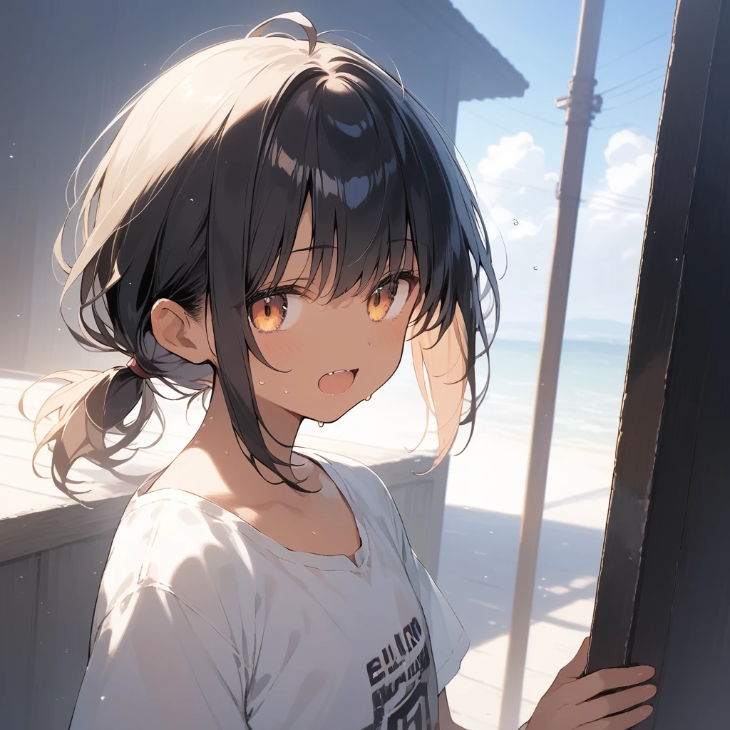 score_9, score_8_up, score_7_up, source_anime, best quality, masterpiece, official art, absurdres, highres, ultra-detailed,waifu2x,Collection: Slice of Life,break,1girl, tomboy, dark-skinned female, short hair, low ponytail, flat chest, beautiful detailed eyes, short shorts, sweat, open mouth, (yawn:0.3), sleepily, outdoors, wind,break,(clear line illustration:1.2), super detailed skin,very high resolution, very aesthetic, Best sexual lighting powered by famous artist, 8k,cute picture,beauty illustration,photoshop_(medium),,(Detailed Lighting),best anime 8k konachan wallpaper, pixiv contest winner,