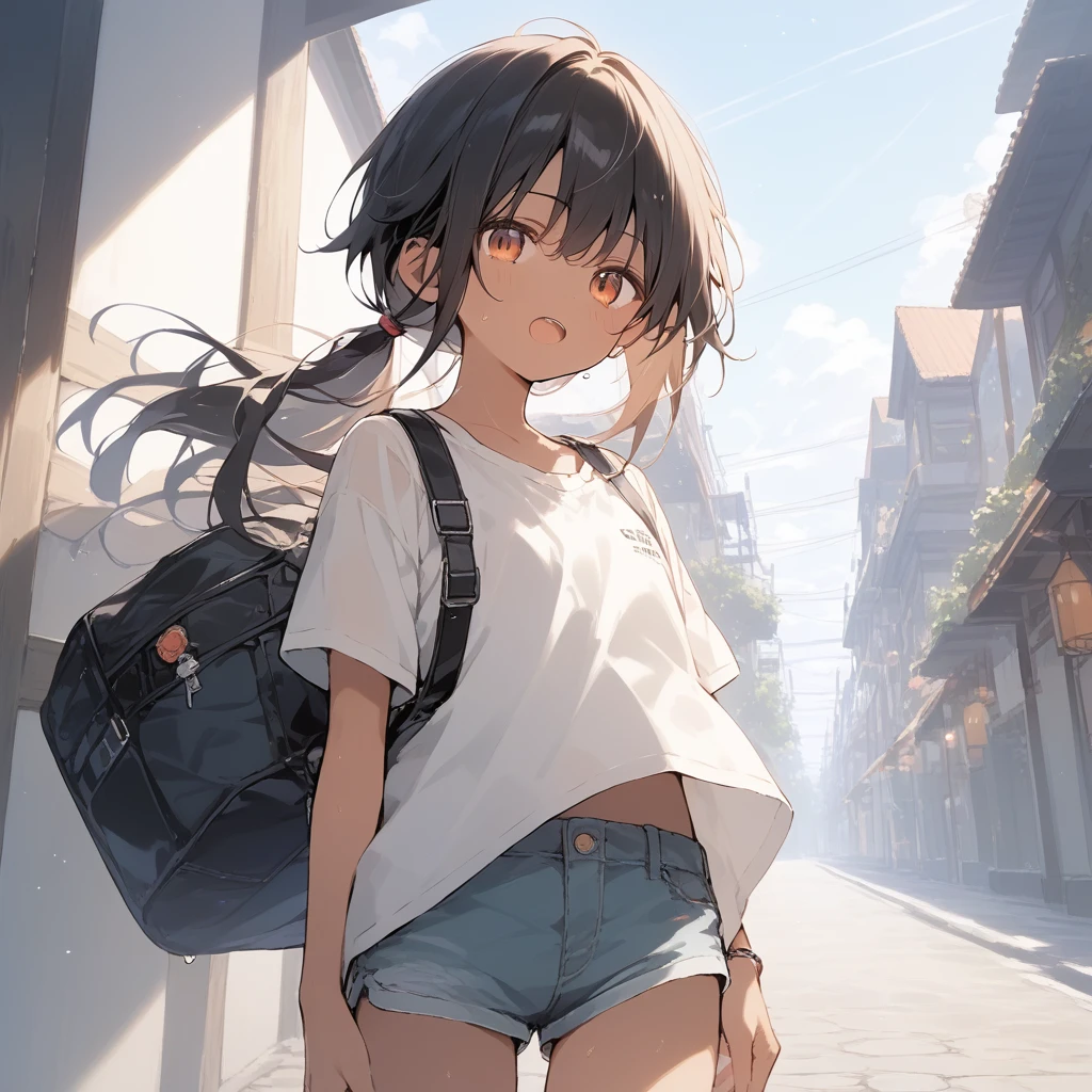 score_9, score_8_up, score_7_up, source_anime, best quality, masterpiece, official art, absurdres, highres, ultra-detailed,waifu2x,Collection: Slice of Life,break,1girl, tomboy, dark-skinned female, short hair, low ponytail, flat chest, beautiful detailed eyes, short shorts, sweat, open mouth, (yawn:0.3), sleepily, outdoors, wind,break,(clear line illustration:1.2), super detailed skin,very high resolution, very aesthetic, Best sexual lighting powered by famous artist, 8k,cute picture,beauty illustration,photoshop_(medium),,(Detailed Lighting),best anime 8k konachan wallpaper, pixiv contest winner,