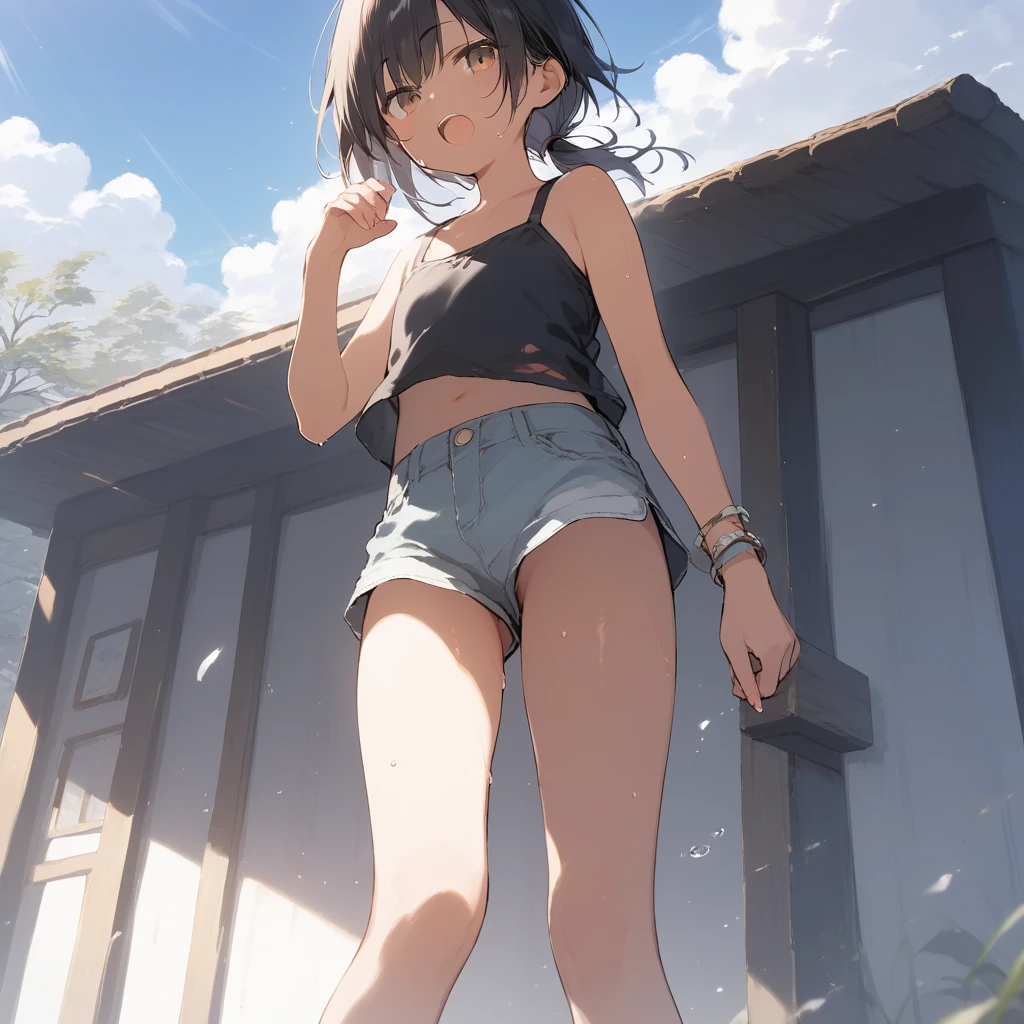 score_9, score_8_up, score_7_up, source_anime, best quality, masterpiece, official art, absurdres, highres, ultra-detailed,waifu2x,Collection: Slice of Life,break,1girl, tomboy, dark-skinned female, short hair, low ponytail, flat chest, beautiful detailed eyes, short shorts, sweat, open mouth, (yawn:0.3), sleepily, outdoors, wind,break,(clear line illustration:1.2), super detailed skin,very high resolution, very aesthetic, Best sexual lighting powered by famous artist, 8k,cute picture,beauty illustration,photoshop_(medium),,(Detailed Lighting),best anime 8k konachan wallpaper, pixiv contest winner,