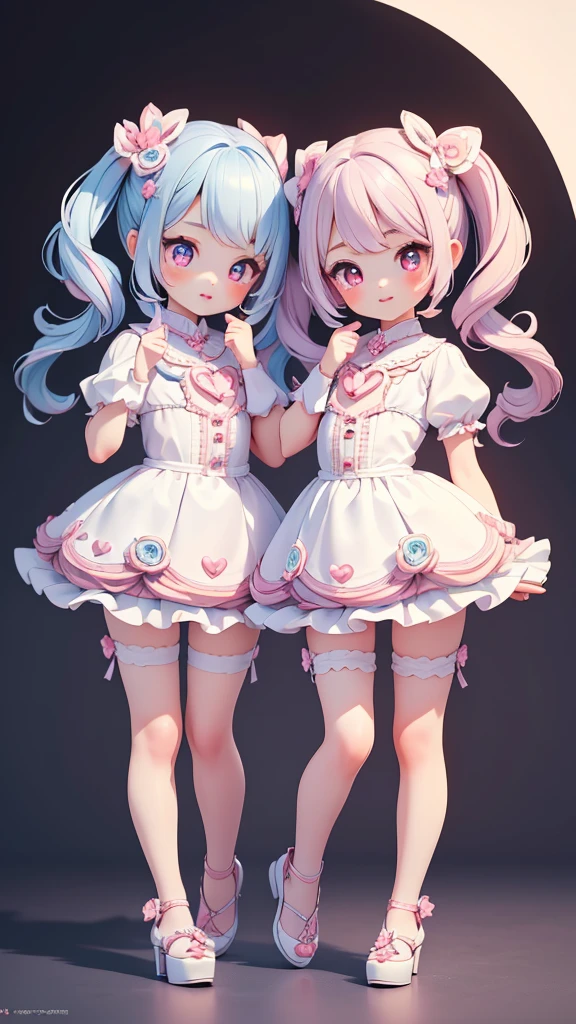((petite bishojo, little 2girls)), ((cute  face)), ((heart shaped pupils)), ((masterpiece)), ((best quality)), ((ultra detailed)), ((exquisite)), ((depth)), ((crisp)), ((8k)), ((beautiful and aesthetic)), ((super detailed skin)), ((high standard)), ((highres)), ((perfect anatomy)), (full body), (blush), (lipstick), (stylish), ((kawaii pose)), (white, blue, black), (perfect hands)