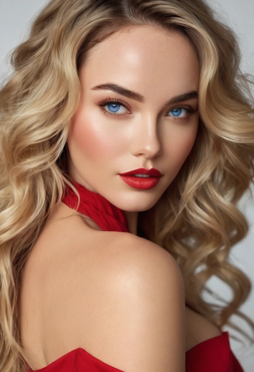 (lifelike, high quality: 1.3) , blond woman, ((gorgeous model with extra long wavy and voluminous bright ash blonde hair)), by Seb McKinnon, reddit, blonde goddess, beautiful blonde girl, gorgeous woman, dasha taran, beautiful blonde woman, sexy girl, anna nikonova aka newmilky, instagram model, a gorgeous blonde, stunning woman, irina nordsol kuzmina, gorgeous female, sexy look at the camera, best quality masterpiece, photorealistic, hyperrealistic, detailed, 8k, HDR, (Soft color: 1.2), shallow depth of field, broad light, high contrast, backlighting, bloom, light sparkles, chromatic aberration, sharp focus, RAW color photo, (full sensual lips, long curly lashes, perfect slim body, pretty piercing blue eyes), detailed alluring eyes, very long sexy legs, ((detailed facial features)), (finely detailed skin), pale skin, realistic skin texture, extreme skin details, (pores:0.1), eyes like Megan Fox, small lips like Emma Watson, nose like scarlett johannsson, cheeks like blair lively, ((wearing a red shoulder-off long evening gown with red high heels)), (((full body shot))) ((in front of a plain white studio wall)), skinny