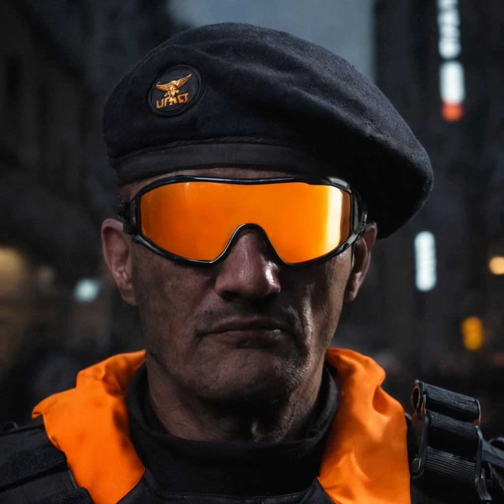 Prompt: (masterpiece)+, (extremely (realistic)+,a portrait of an extremely ugly Massive Militant police commando. Massive manly face with massive chin. dressed in a black and orange military gear, wearing a beret. Smug stare. Front photo. Looking in camera. volumetrics dtx, Photorealistic, ultra detailed, Artstation trending, very very detailed, realistic shaded lighting, dynamic shadows, detailed Night riot streets background, upper body, professional photograph of a detailed skin, sharp focus, dramatic, award winning, cinematic lighting, octane render, unreal engine, volumetrics dtx, Photorealistic, ultra detailed, Artstation trending, very very detailed, hyperrealistic, fine details, realistic shaded lighting, dynamic shadows, Night riot streets background, add_detail:1, skin pores and wrinkles, details.,More Reasonable Details