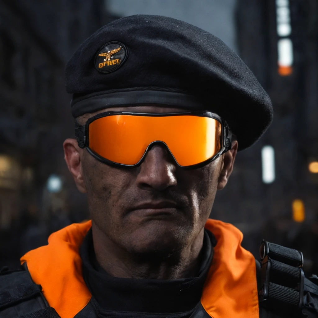 Prompt: (masterpiece)+, (extremely (realistic)+,a portrait of an extremely ugly Massive Militant police commando. Massive manly face with massive chin. dressed in a black and orange military gear, wearing a beret. Smug stare. Front photo. Looking in camera. volumetrics dtx, Photorealistic, ultra detailed, Artstation trending, very very detailed, realistic shaded lighting, dynamic shadows, detailed Night riot streets background, upper body, professional photograph of a detailed skin, sharp focus, dramatic, award winning, cinematic lighting, octane render, unreal engine, volumetrics dtx, Photorealistic, ultra detailed, Artstation trending, very very detailed, hyperrealistic, fine details, realistic shaded lighting, dynamic shadows, Night riot streets background, add_detail:1, skin pores and wrinkles, details.,More Reasonable Details