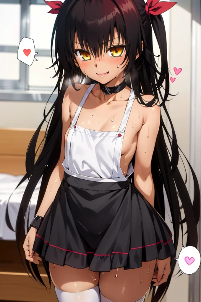 1girl, aster nemesis, dark-skinned female, black hair, very long hair, yellow eyes, flat chest , twin tails, looking at viewer, indoor, , tanned body,(((Sweating))), ,,8yo,,smile,,(spoken heart),maid costume,miniskirt,thighhighs,cowboy shot,off shoulder,apron