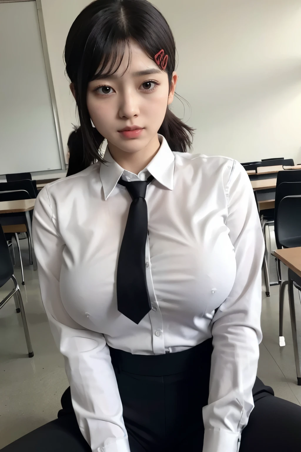 Highest quality、Ultra-high resolution、Raw photo、Professional Lighting、Detailed Background、In the classroom、((whole body)), 18-year-old female, Kobeni-chan、cute, Pure black hair, Black-haired, Bans, One-sided hair,、(Red Hair Clip:1.1),Brown eyes、(White collared shirt:1.4)+(Black tie)+(Black work trousers:1.3)、Large sagging breasts、(Huge breasts that look like they might burst:1.5)、(Big thighs:1.3),Modest abdominal muscles、Detailed skin、Beautiful white skin、Sweaty skin、Laughter､Blushing、Spread your legs wide、