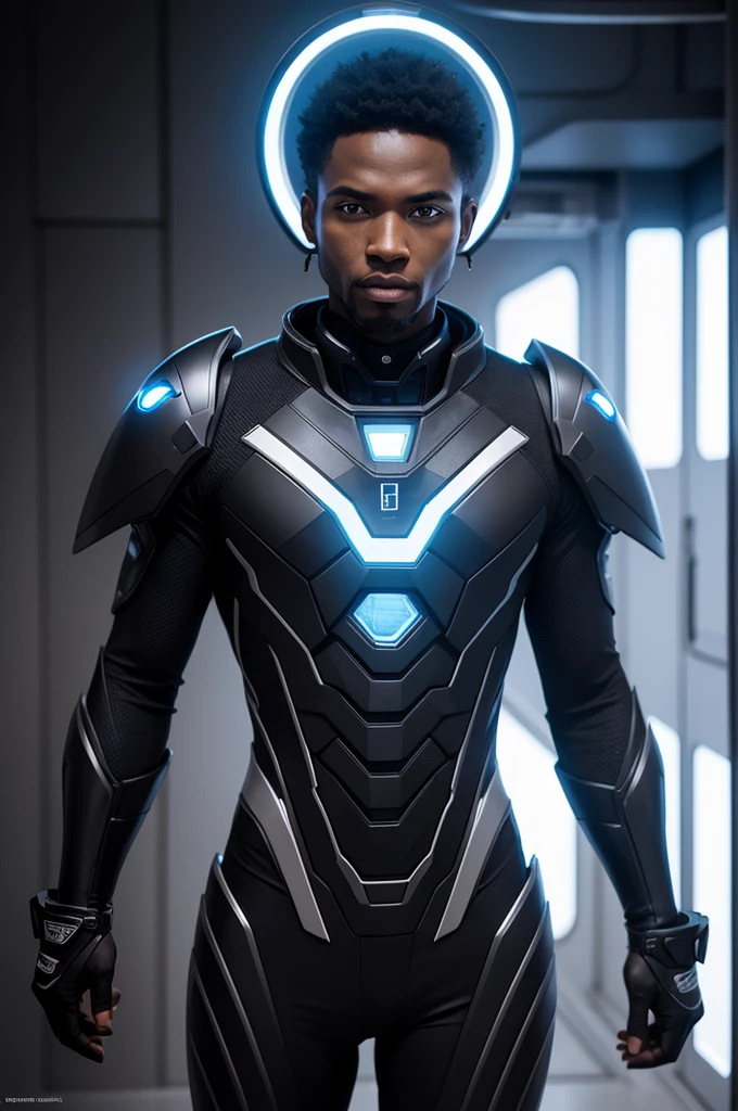 Create photo of black preacher in futuristic suit