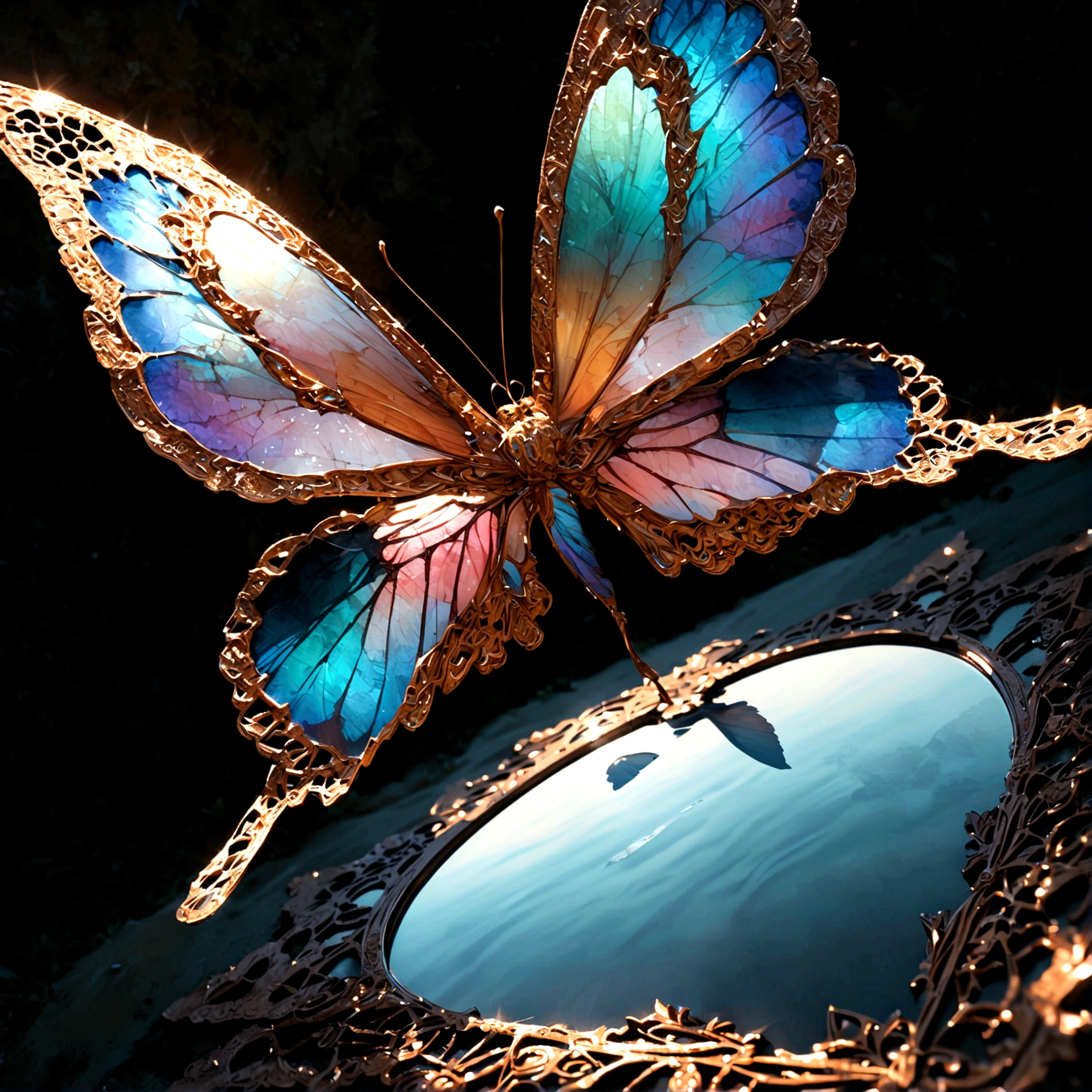 Moonlight,The arrival of spring, Mr.々Beautiful flowers
, A swallowtail butterfly with beautiful iridescent wings,View from below, 空から落ちてくるMr.々A gem, Amazingly beautiful scenery, Slightly hazy, wonderful, High resolution, 8K, (Highest quality, High resolution, Realistic:1.37), Shiny metallic flowers, Intricate and delicate petals, Reflective surface, Vibrant colors, Intricate details, Close-up view, 超Realisticな庭園, 超Realisticな美しさ, Dreamy atmosphere, Fine art, Abstract Plants, Metallic engraving, Contrasting Textures, Mysterious glow