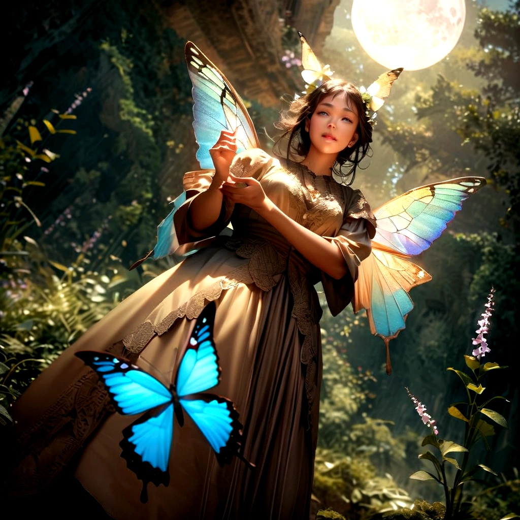 Moonlight,The arrival of spring, Mr.々Beautiful flowers
, A swallowtail butterfly with beautiful iridescent wings,View from below, 空から落ちてくるMr.々A gem, Amazingly beautiful scenery, Slightly hazy, wonderful, High resolution, 8K, (Highest quality, High resolution, Realistic:1.37), Shiny metallic flowers, Intricate and delicate petals, Reflective surface, Vibrant colors, Intricate details, Close-up view, 超Realisticな庭園, 超Realisticな美しさ, Dreamy atmosphere, Fine art, Abstract Plants, Metallic engraving, Contrasting Textures, Mysterious glow