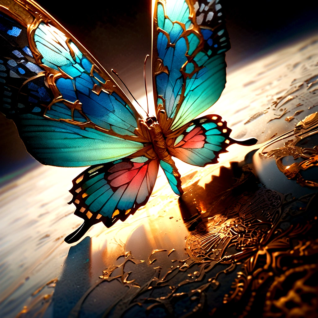 Moonlight,The arrival of spring, Mr.々Beautiful flowers
, A swallowtail butterfly with beautiful iridescent wings,View from below, 空から落ちてくるMr.々A gem, Amazingly beautiful scenery, Slightly hazy, wonderful, High resolution, 8K, (Highest quality, High resolution, Realistic:1.37), Shiny metallic flowers, Intricate and delicate petals, Reflective surface, Vibrant colors, Intricate details, Close-up view, 超Realisticな庭園, 超Realisticな美しさ, Dreamy atmosphere, Fine art, Abstract Plants, Metallic engraving, Contrasting Textures, Mysterious glow
