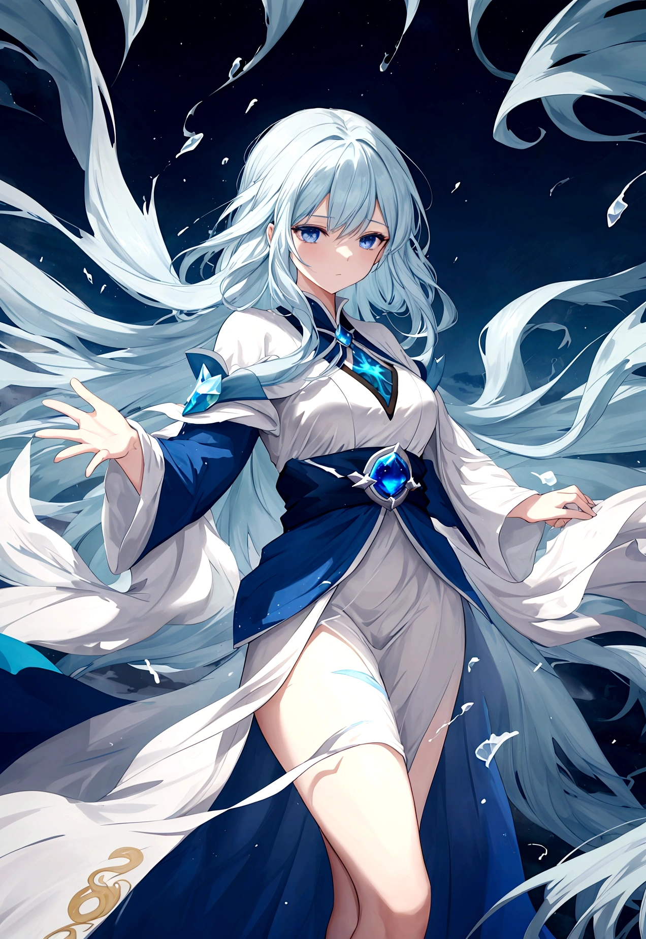 A mage garbed in azure robes, their hair dancing in the breeze, their spells conjuring swirling vortexes of wind to buffet their enemies. Their presence is as ephemeral as a passing breeze, yet their spells carry the force of a raging storm. The background must be a wind and several air effect.