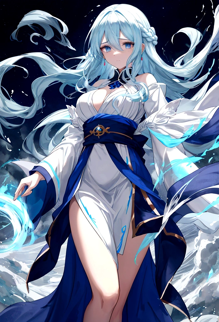 A mage garbed in azure robes, their hair dancing in the breeze, their spells conjuring swirling vortexes of wind to buffet their enemies. Their presence is as ephemeral as a passing breeze, yet their spells carry the force of a raging storm. The background must be a wind and several air effect.