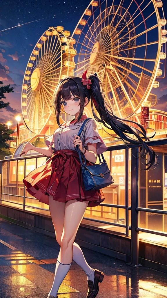 * **background**:Theme parks in the early Heisei period、A Ferris wheel and souvenir shops lined up
**woman**:Twin tails、カジュアルなワンピースを着た若いwoman