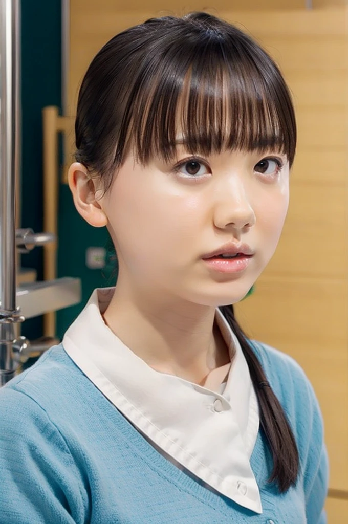 slender girl, (make up:1.1), (ニットセーター:1.2), middle breasts, at school room, (upper body shot:1.1), round face