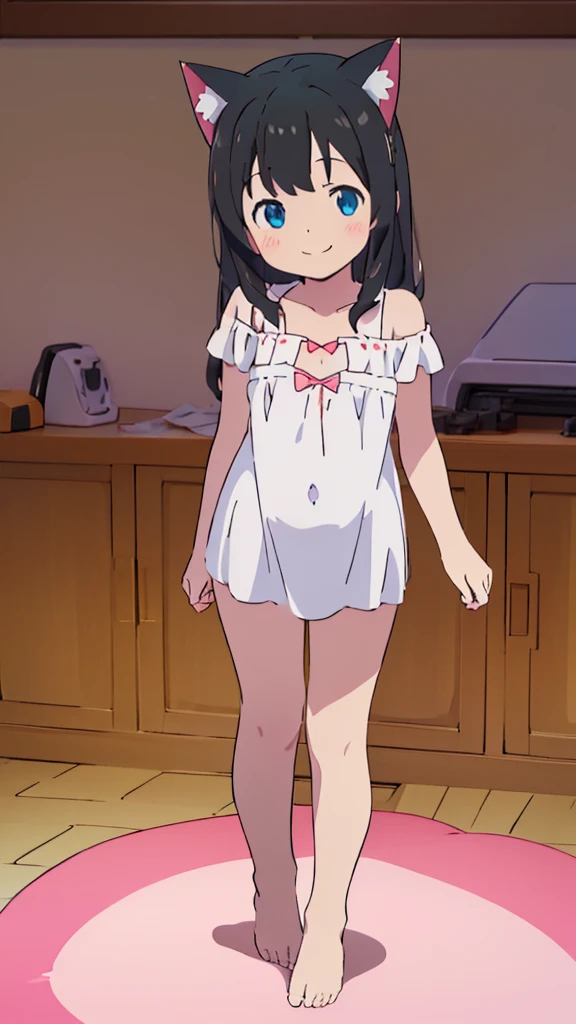 ((masterpiece))((Highest quality))Cat ear、girl、smile、blush、Flat Chest、Are thin、、low length、Black Hair、Leg-length hair、Embarrassed、Are standing、Whole body image、Even your toes are visible、Eye level on face、front、No background、mayonnaise、真frontのアングル