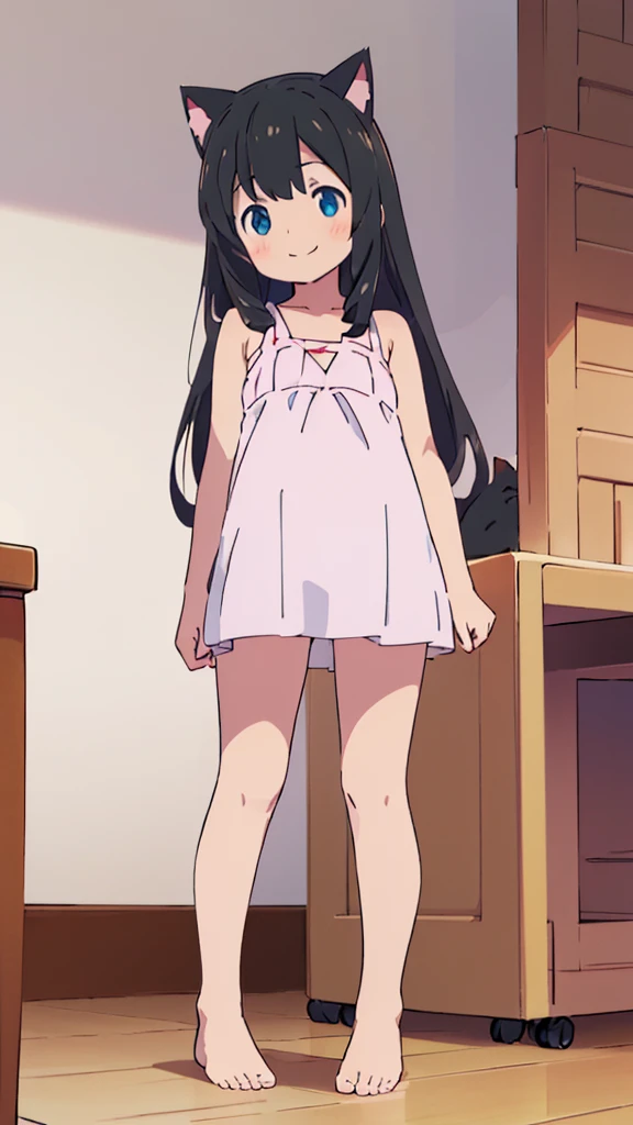 ((masterpiece))((Highest quality))Cat ear、girl、smile、blush、Flat Chest、Are thin、、low length、Black Hair、Leg-length hair、Embarrassed、Are standing、Whole body image、Even your toes are visible、Eye level on face、front、No background、mayonnaise、真frontのアングル