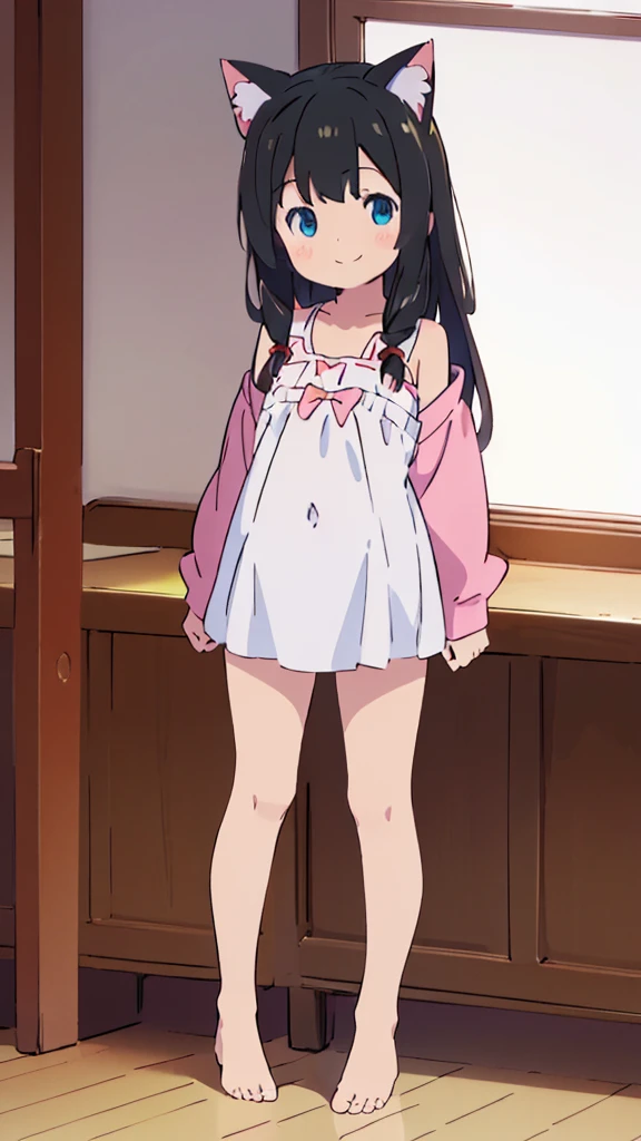 ((masterpiece))((Highest quality))Cat ear、girl、smile、blush、Flat Chest、Are thin、、low length、Black Hair、Leg-length hair、Embarrassed、Are standing、Whole body image、Even your toes are visible、Eye level on face、front、No background、mayonnaise、真frontのアングル