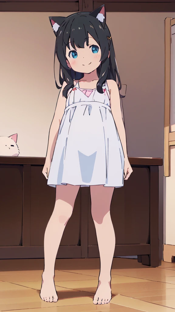 ((masterpiece))((Highest quality))Cat ear、girl、smile、blush、Flat Chest、Are thin、、low length、Black Hair、Leg-length hair、Embarrassed、Are standing、Whole body image、Even your toes are visible、Eye level on face、front、No background、mayonnaise、真frontのアングル