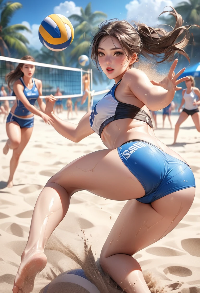 beautiful cute girl beach volleyball player on a beach volleyball court, girl playing beach volleyball, girl running and  jumping  on the beach volleyball court, (hit the volleyball):1.3 back into the opponent's court, , intense beach volleyball action:1.2, sand flying as they move, sweat-glistened bodies, sand clinging to their skin, beautiful detailed(cute face, eyes, longeyelash, lips, body), detailed beach volleyball court and net, (highest quality,16k,highres,masterpiece:1.2),ultra-detailed,(ultra-realistic,photo-realistic:1.37),dynamic action shot, vibrant colors, warm lighting, stunning beach scenery,