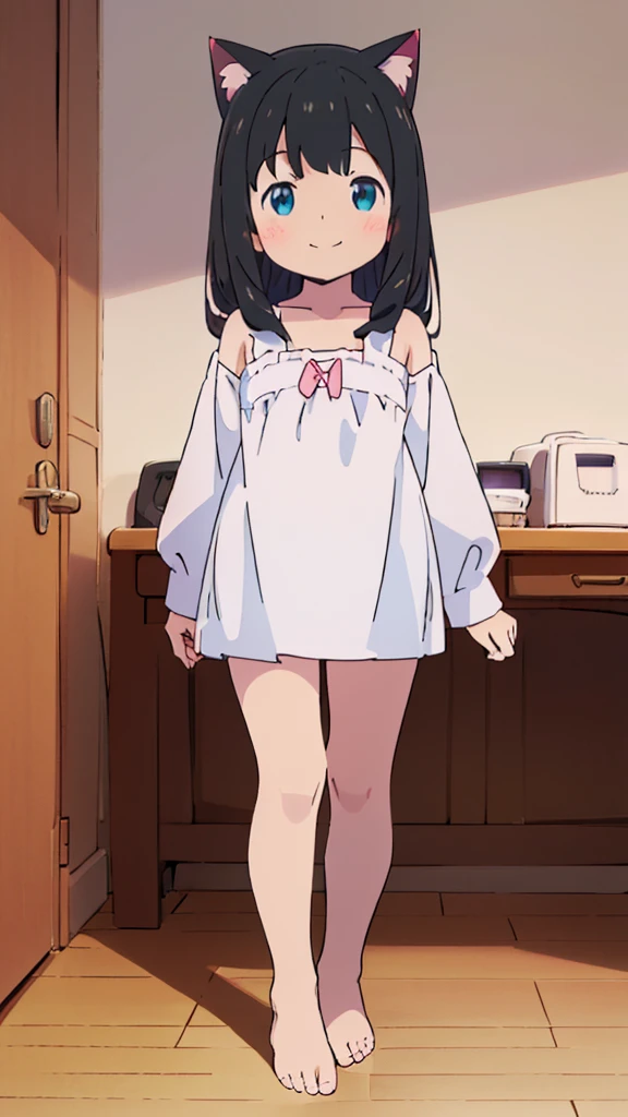 ((masterpiece))((Highest quality))Cat ear、girl、smile、blush、Flat Chest、Are thin、、low length、Black Hair、Leg-length hair、Embarrassed、Are standing、Whole body image、Even your toes are visible、Eye level on face、front、No background、mayonnaise、真frontのアングル