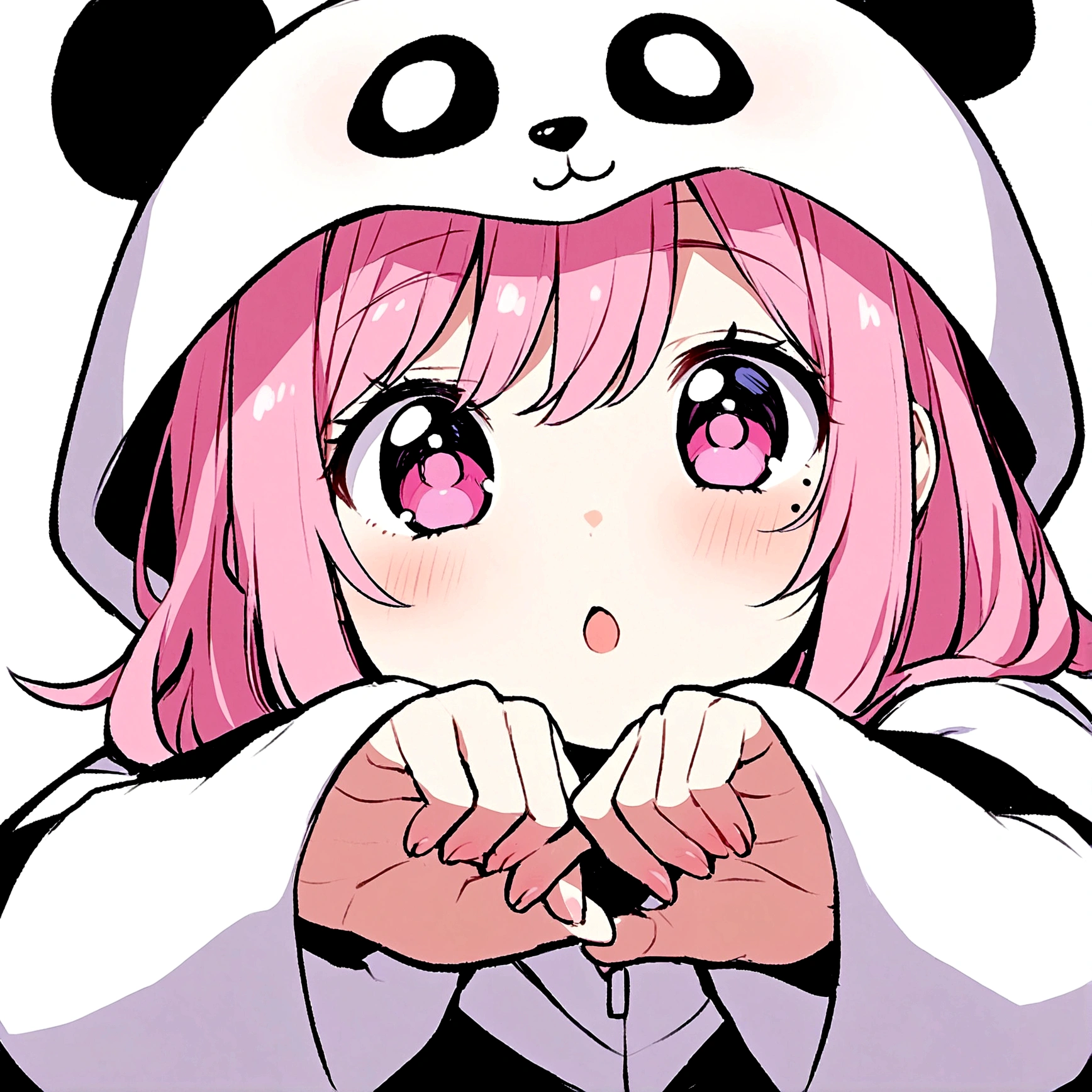 anime、Girl in panda costume、Pink Hair、Mole under the eye、Pink eyeball、Cute pose