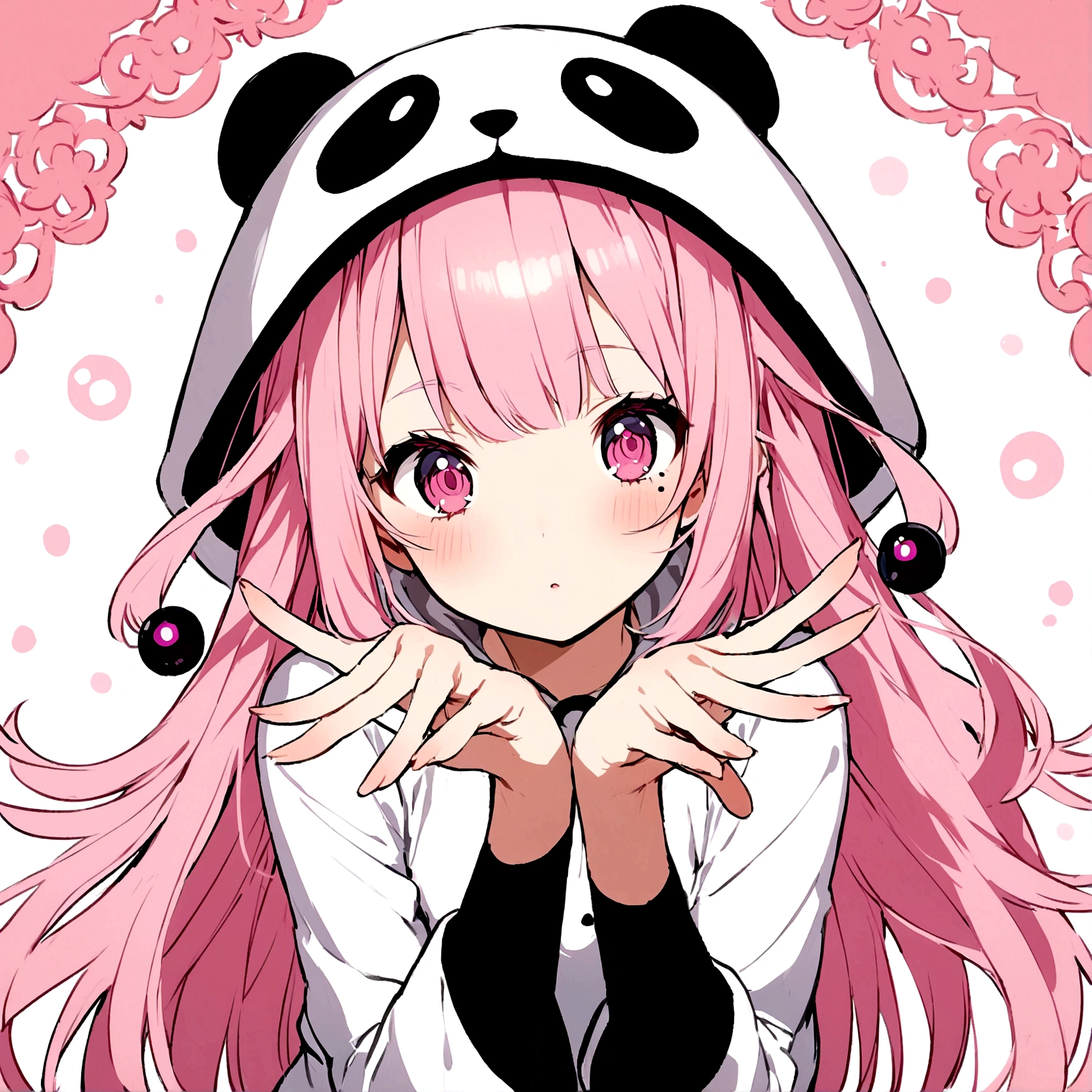 anime、Girl in panda costume、Pink Hair、Mole under the eye、Pink eyeball、Cute pose