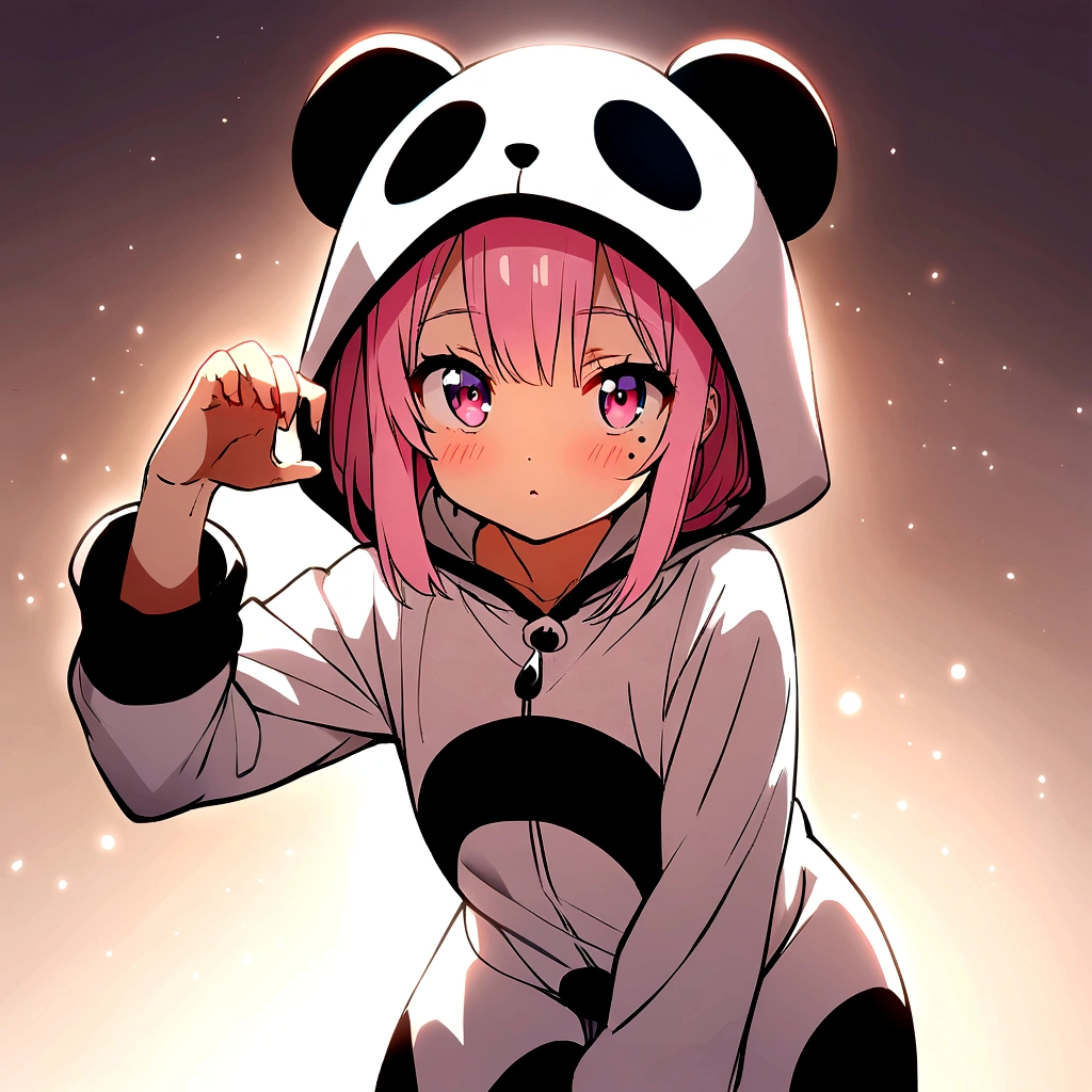 anime、Girl in panda costume、Pink Hair、Mole under the eye、Pink eyeball、Cute pose