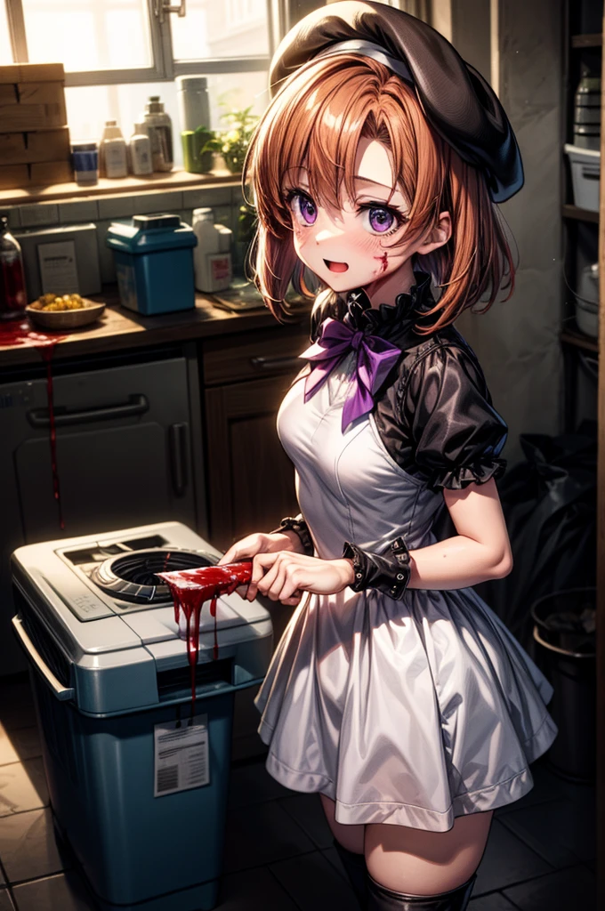 Lena Ryugu, Ryugu Rena, Purple-orange hair, short hair, Incredibly large purple eyes, 
BREAK Beret, black thighs, bow, bowtie, dress, Have, puffy short sleeve, Puffy sleeves, Holds a large machete in his right hand, white dress, zettai ryouiki, (Small breasts:1.2)，Brown long boots，Standing on a rubbish pile of old electrical appliances, ((Garbage disposal plant，Standing on a pile of home appliances and garbage bags)), Turn around.，Creepy Laughter, Dead Eyes,Psychopath horror、Bloodstained、Drops of blood，Spooky、murder scene, Serial killer, bathed in blood，Clothes with blood on them，BREAK has blood on his cheeks and hands... (Tabletop:1.2), Highest quality, High resolution, unity 8k wallpaper, (figure:0.8), (Beautiful attention to detail:1.6), Highly detailed face, Perfect lighting, Highly detailed CG, (Perfect hands, Perfect Anatomy), Bathed in blood in return, Fisheye Lens, Look up