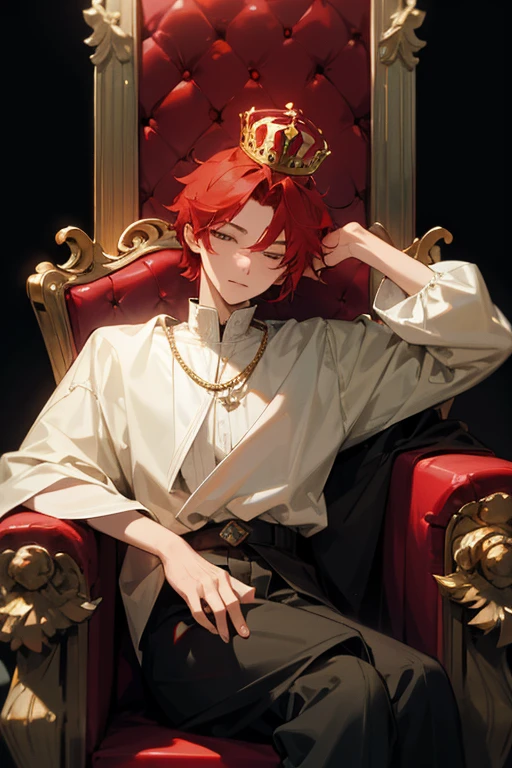 Young man with red hair Sitting on a throne He has a crown on his lap and then he places his right hand on the crown. Head resting on left hand