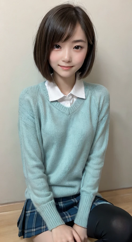 (masterpiece, Highest quality:1.2), Surreal school girl, alone, One girl,Ultra mini skirt,I can see your pants , (Shiny skin), sweating, smile, View your viewers , Knee socks, Sit down and put up one leg, young woman, youthful, innocent appearance, short straight bob haircut, soft delicate facial features, gentle expression, casual cozy sweater, collared shirt, warm soft color palette, calm serene atmosphere, thoughtful contemplation
