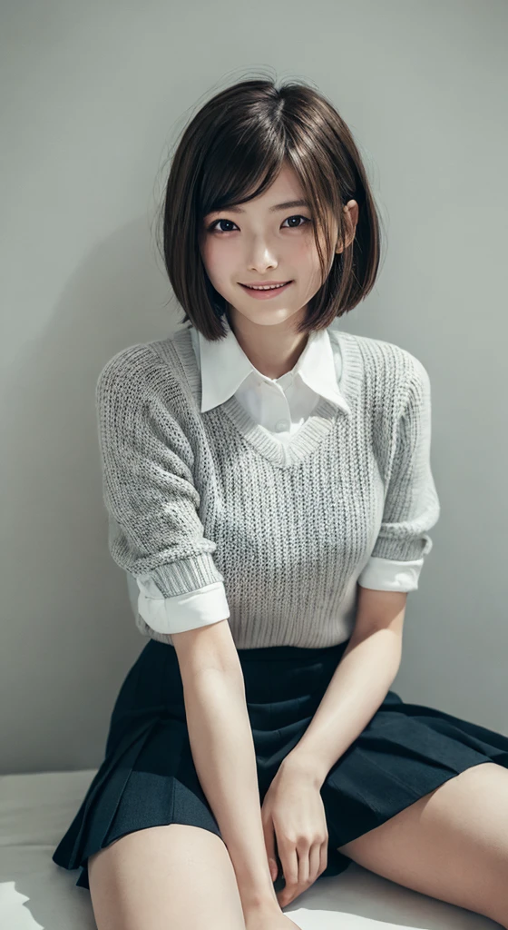 (masterpiece, Highest quality:1.2), Surreal school girl, alone, One girl,Ultra mini skirt,I can see your pants , (Shiny skin), sweating, smile, View your viewers , Knee socks, Sit down and put up one leg, young woman, youthful, innocent appearance, short straight bob haircut, soft delicate facial features, gentle expression, casual cozy sweater, collared shirt, warm soft color palette, calm serene atmosphere, thoughtful contemplation