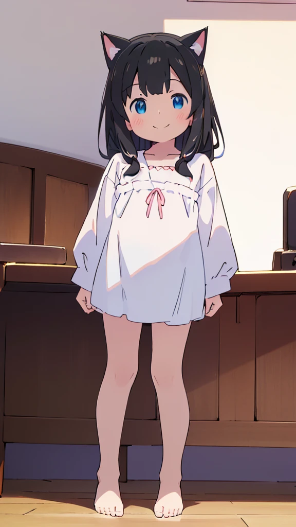 ((masterpiece))((Highest quality))Cat ear、girl、smile、blush、Flat Chest、Are thin、、low length、Black Hair、Leg-length hair、Embarrassed、Are standing、Whole body image、Even your toes are visible、Eye level on face、front、No background、mayonnaise、真frontのアングル