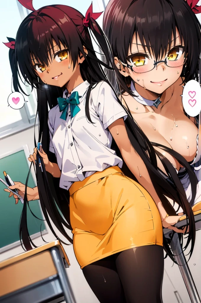 1girl, aster nemesis, dark-skinned female, black hair, very long hair, yellow eyes, flat chest , twin tails, looking at viewer, classroom,teacher outfit , tanned body,(((Sweating))), ,,,,smile,,(spoken heart),(,cowboy shot,white blouse,glasses,pencil skirt,pantyhose