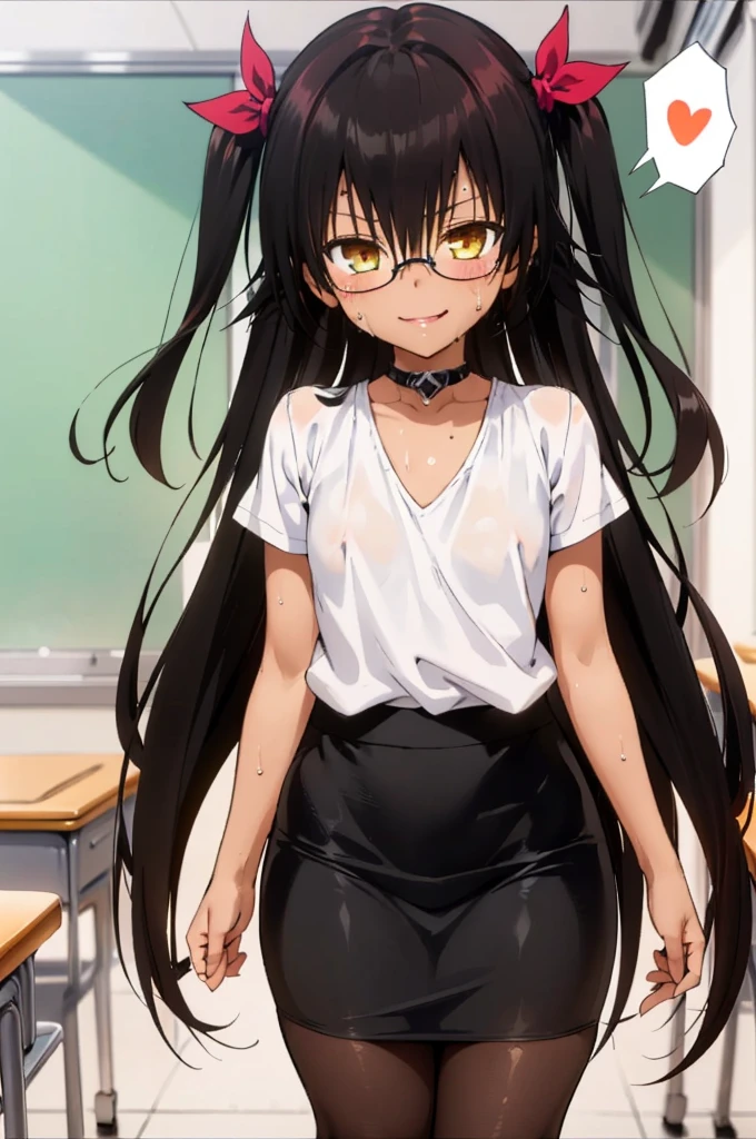 1girl, aster nemesis, dark-skinned female, black hair, very long hair, yellow eyes, flat chest , twin tails, looking at viewer, classroom,teacher outfit , tanned body,(((Sweating))), ,,8yo,,smile,,(spoken heart),(,cowboy shot,white blouse,glasses,pencil skirt,pantyhose