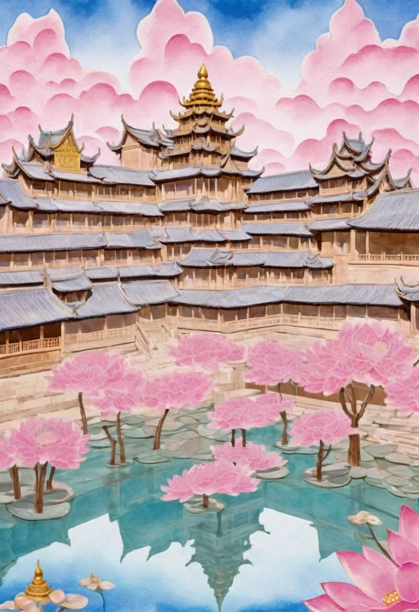 Made of pink and gold crystals（2.0）The Mogao Grottoes，Angkor Wat。Transparent building，Chinese-style buildings made of glazed tiles；banner，poster，Dunhuang Elements。The background is a velvety sky；Lotus flower decorates the corner of the painting。