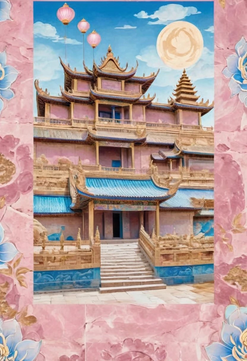 Made of pink and gold crystals（2.0）The Mogao Grottoes，Angkor Wat。Transparent building，Chinese-style buildings made of glazed tiles；banner，poster，Dunhuang Elements。The background is a velvety sky；Lotus flower decorates the corner of the painting。