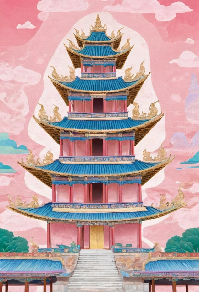 Made of pink and gold crystals（2.0）The Mogao Grottoes，Angkor Wat。Transparent building，Chinese-style buildings made of glazed tiles；banner，poster，Dunhuang Elements。The background is a velvety sky；Lotus flower decorates the corner of the painting。