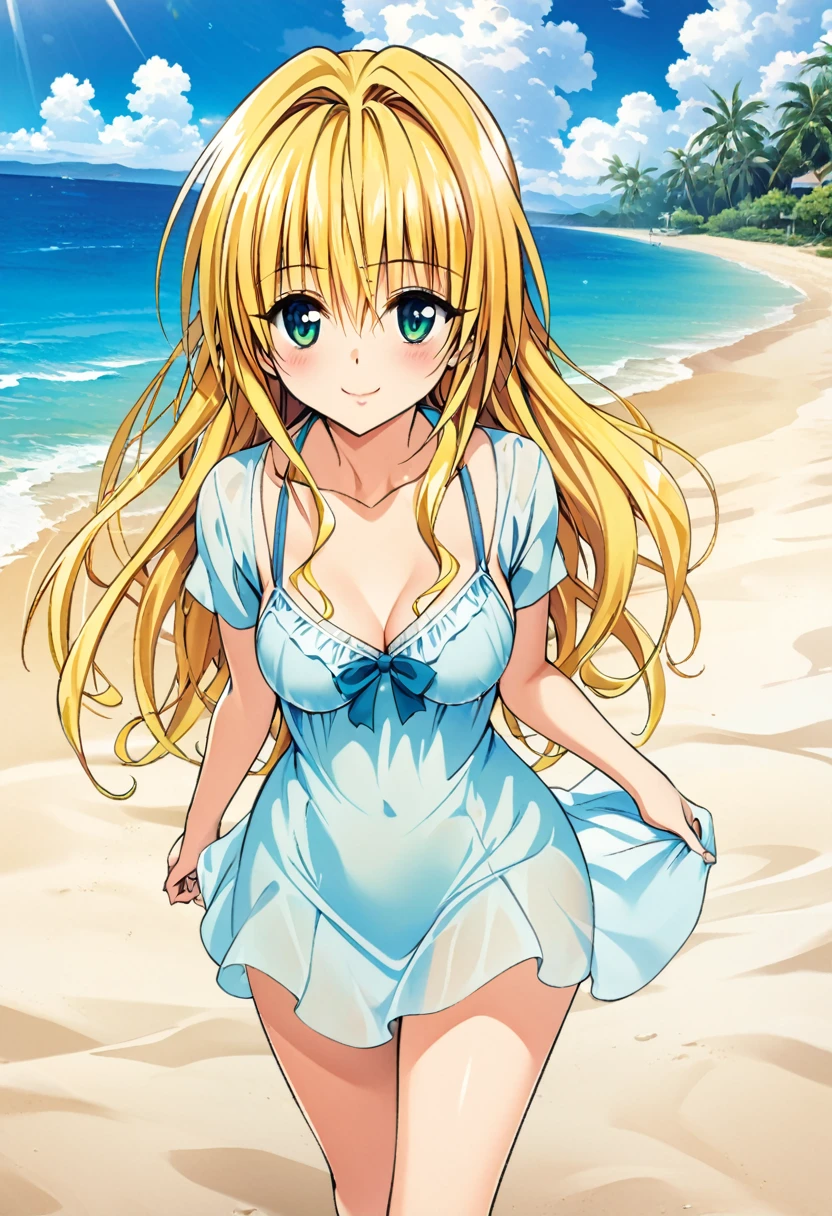 masterpiece, highest quality, Detailed face, Beautiful and detailed eyes, Beautiful Face, Perfect body, Official Art, grand plix award illustration, Professional Lighting,
One girl, teaju lunateek,to love-ru, perfect body,blonde Hair, Long Hair, green eyes,
Beach scene, New Caledonia, Sunny day, Clear blue water, White sand,
Walking on beach, Short sleeve sundress, straw hat,Slightly transparent, Bikini visible underneath, Gentle breeze, Comfortable atmosphere,
Style of Yabuki Kentaro, To Love-Ru art style,
Carefree expression, Enjoying the weather, Soft smile