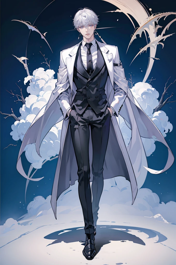 (masterpiece), best quality, seductive eyes, perfect face, handsome man, purple eyes, middle part haircut, short length white hair, black coat, grey suit, black necktie, full body, long legs, anime cover, 1boy, cross ear rings, hands in pockets