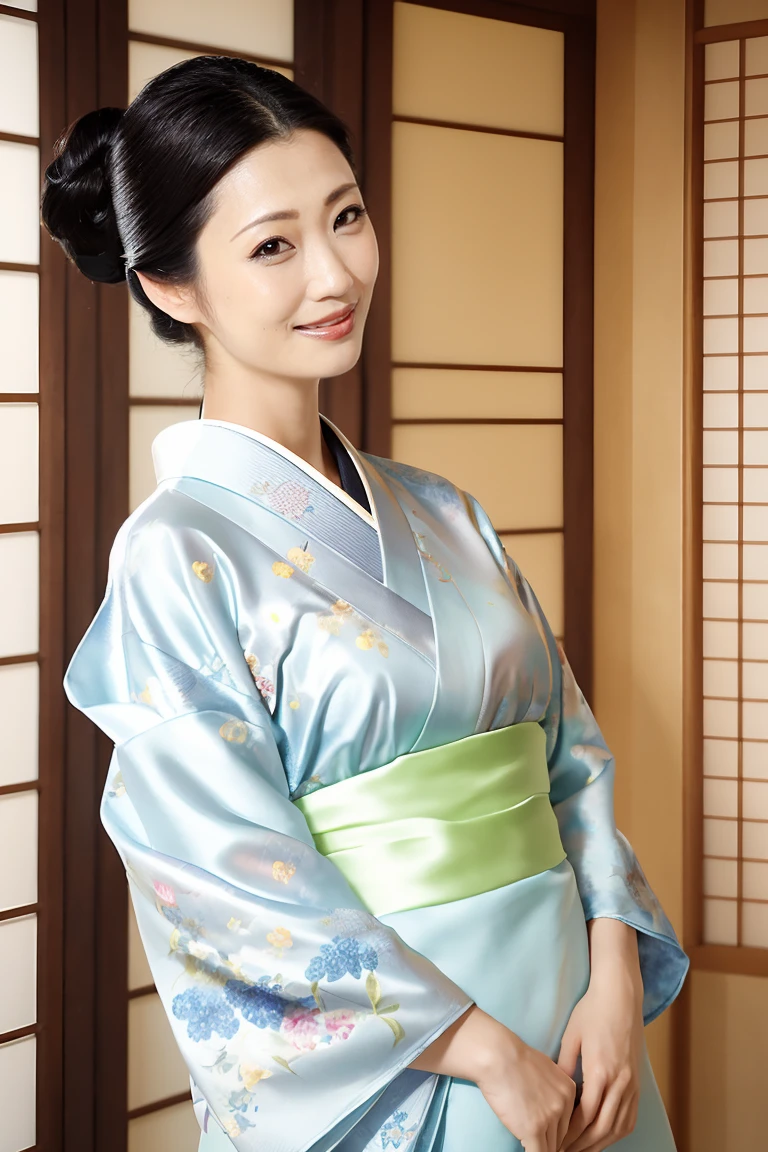 (最high quality、Tabletop、8K、Best image quality、Award-winning works)、(一人のbeautiful成熟した女性:1.1)、Adult face、(Innkeeper:1.1)、(Elegant floral kimono:1.2)、(A kimono with a perfect and precise collar:1.2)、Perfect mature woman portrait photo、Glowing Skin、Standing Elegantly、(Blurred elegant and exquisite perfect Japanese style room background:1.3)、(The most natural and perfect tidy Japanese style room background:1.2)、Glowing White Skin、Very white skin、(Accentuate your body lines:1.1)、(The most graceful posture:1.2)、(Large Breasts:1.2)、A perfect smile、完璧なbeautiful光沢のある唇、(Accurate anatomy:1.2)、(A perfect and elegant outfit:1.1)、(Standing with good posture:1.1)、(beautiful, high quality, Large kimono obi:1.2)、(Long kimono:1.2)、(完璧で自然なbeautiful袖:1.2)、(完璧で自然なbeautiful衿:1.2)、(完璧で自然なbeautiful着物:1.2)、(完璧で自然なbeautiful袂:1.2)、(完璧で自然なbeautiful帯締:1.2)、(Chignon:1.1)、(Natural and perfect wrist:1.1)