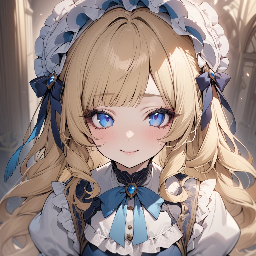 Blonde hair,sidecurls,curls,blue eyes,long eyelashes,light blue victorian dress,puffy short sleeves,frilled dress,collared dress,frilly wide brimmed Bonnet with bows,fringe bangs,bustshot,masterpiece,highress,soft smile,bishoujo