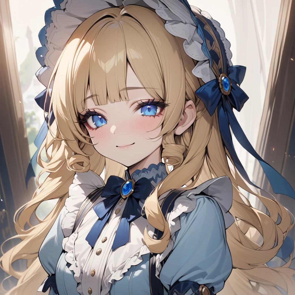 Blonde hair,sidecurls,curls,blue eyes,long eyelashes,light blue victorian dress,puffy short sleeves,frilled dress,collared dress,frilly wide brimmed Bonnet with bows,fringe bangs,bustshot,masterpiece,highress,soft smile,bishoujo
