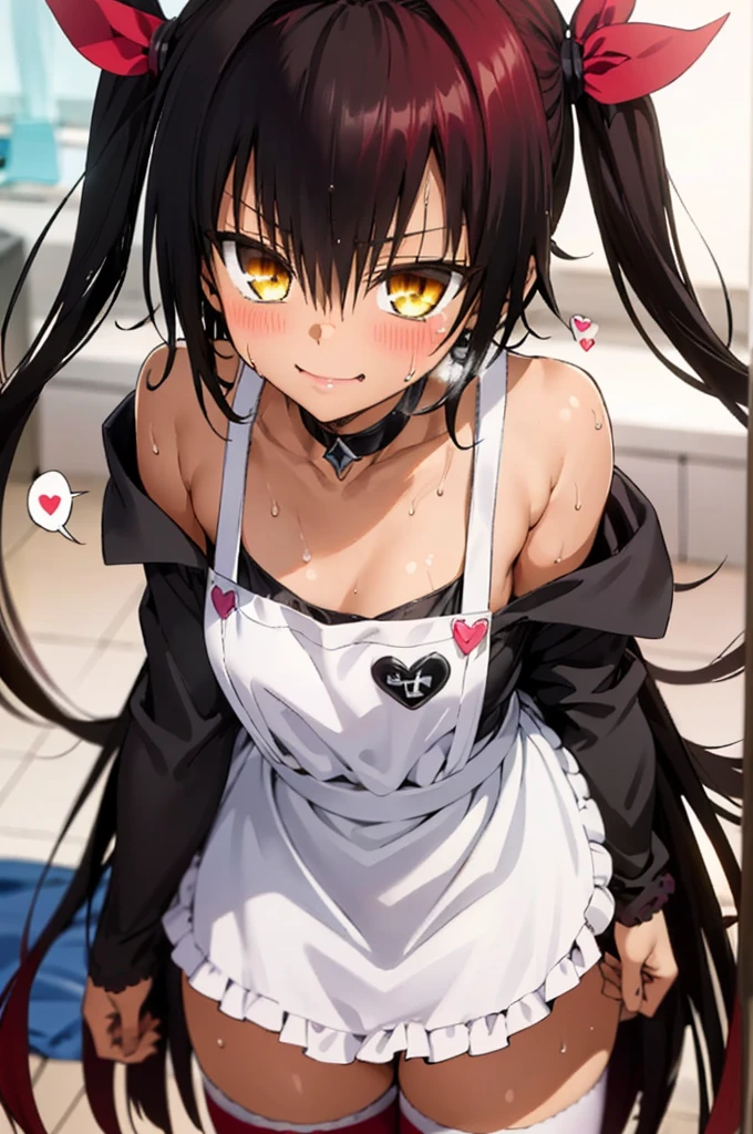 1girl, aster nemesis, dark-skinned female, black hair, very long hair, yellow eyes, flat chest , twin tails, looking at viewer, indoor, , tanned body,(((Sweating))), ,,***,,smile,,(spoken heart),maid costume,miniskirt,thighhighs,cowboy shot,off shoulder,apron,long sleeves